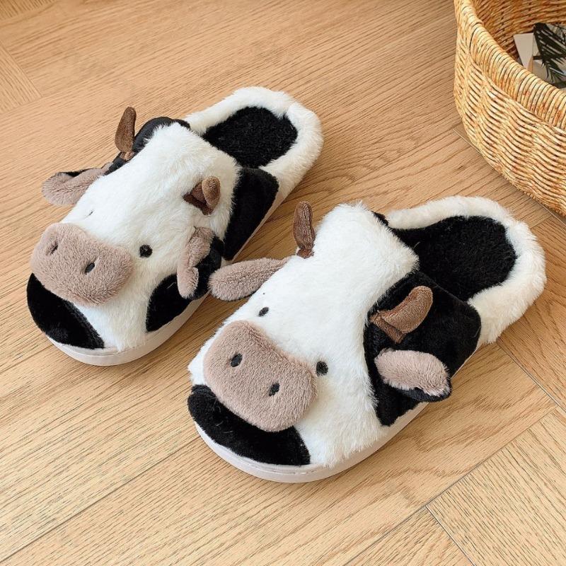 Fashion Womens Cotton Slippers Cartoon Cow Couple Non-Slip Warm Indoor Home Slippers Plush Fluffy 2025 Winter Comfortable Floor Slippers