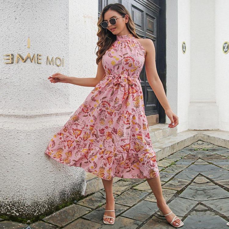 Vintage Halter Sleeveless Long Dress Women Lace Up Strap Print Spring Summer Holiday S-XL