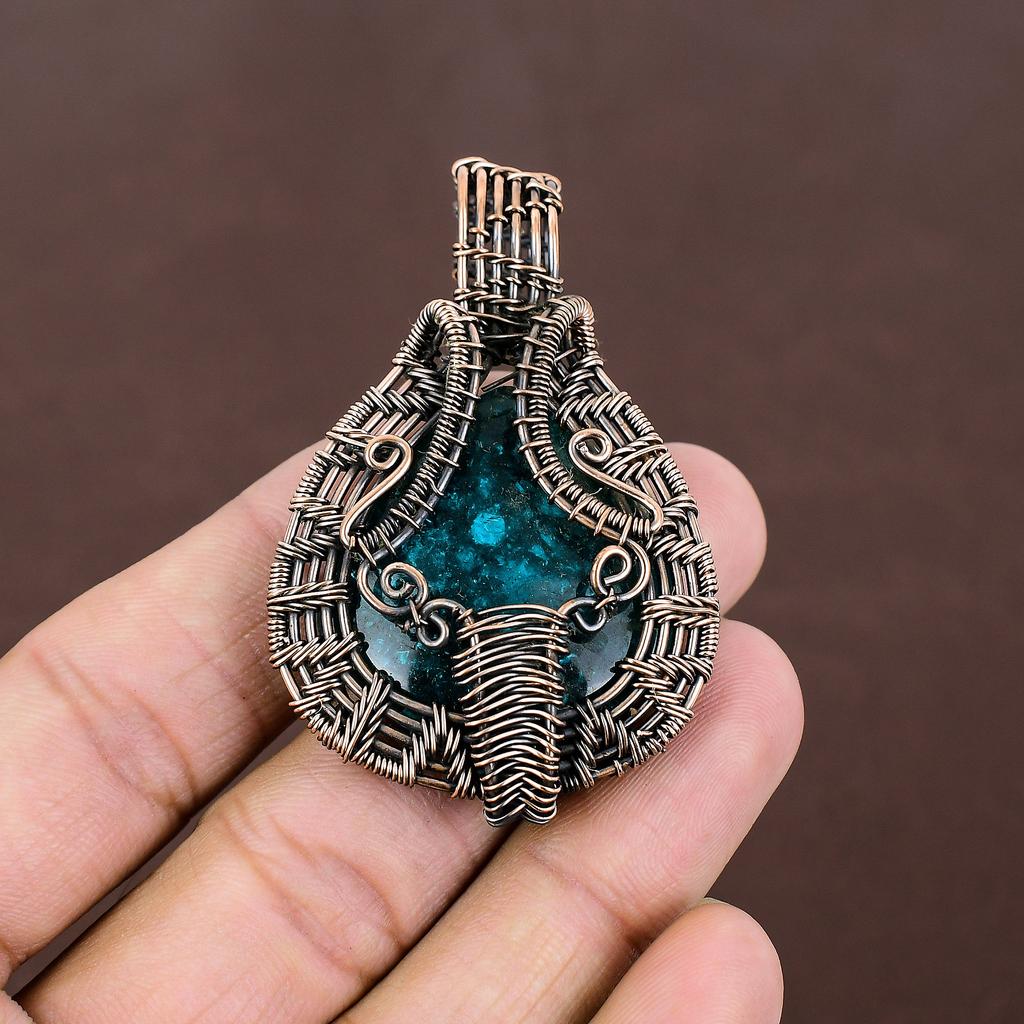 Natural Blue Baltic Amber Gemstone Handmade Copper Wire Wrap Pendant 2.36" N2p08
