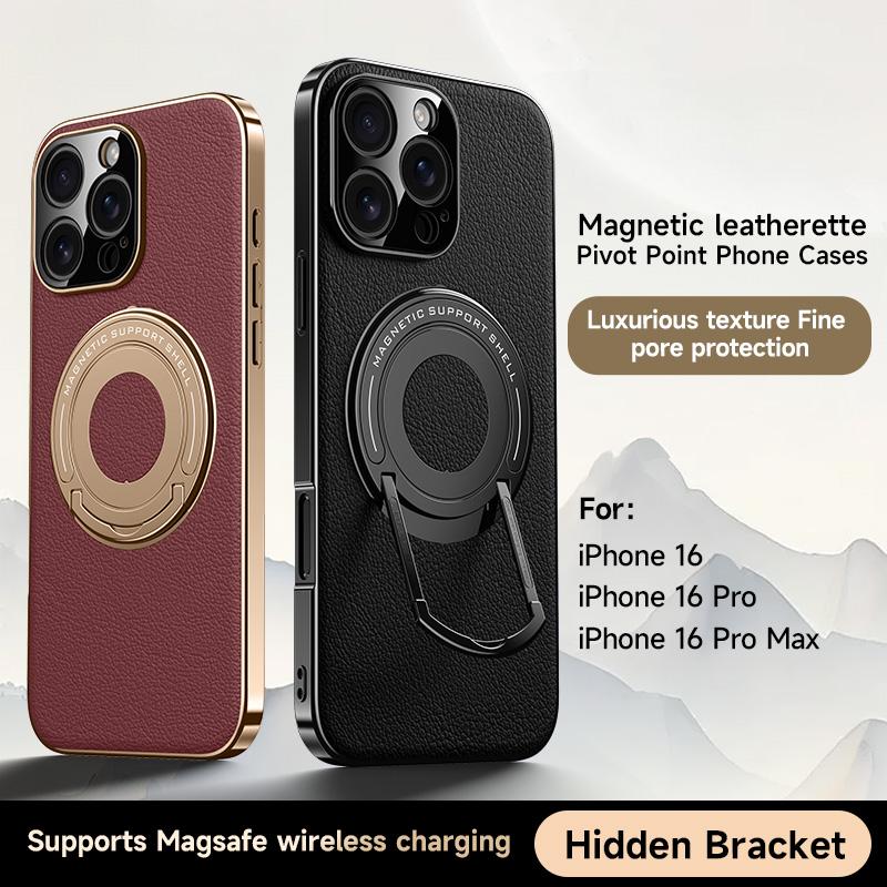Luxury Magnetic Leatherette Bracket Phone Case For IPhone 16 15 14 13 Pro Max Magsafe Wireless Charging Hidden Stand Back Cover