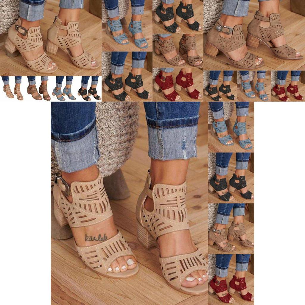 Elegant Women Chunky Block Heels Sandals With Peep Toe And Ankle Strap Buckle