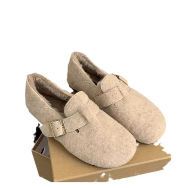 Woolen Boken Shoes Women's Autumn and Winter Velvet 2025 New Korean Version French Retro Flat Bottom One-pedal Thermal Cotton Shoes