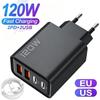 4 Port 120W USB C Fast Charger Station PD QC3.0 Wall Adapter Data Cable For iPhone Samsung Xiaomi Huawei EU US UK Plug Travel