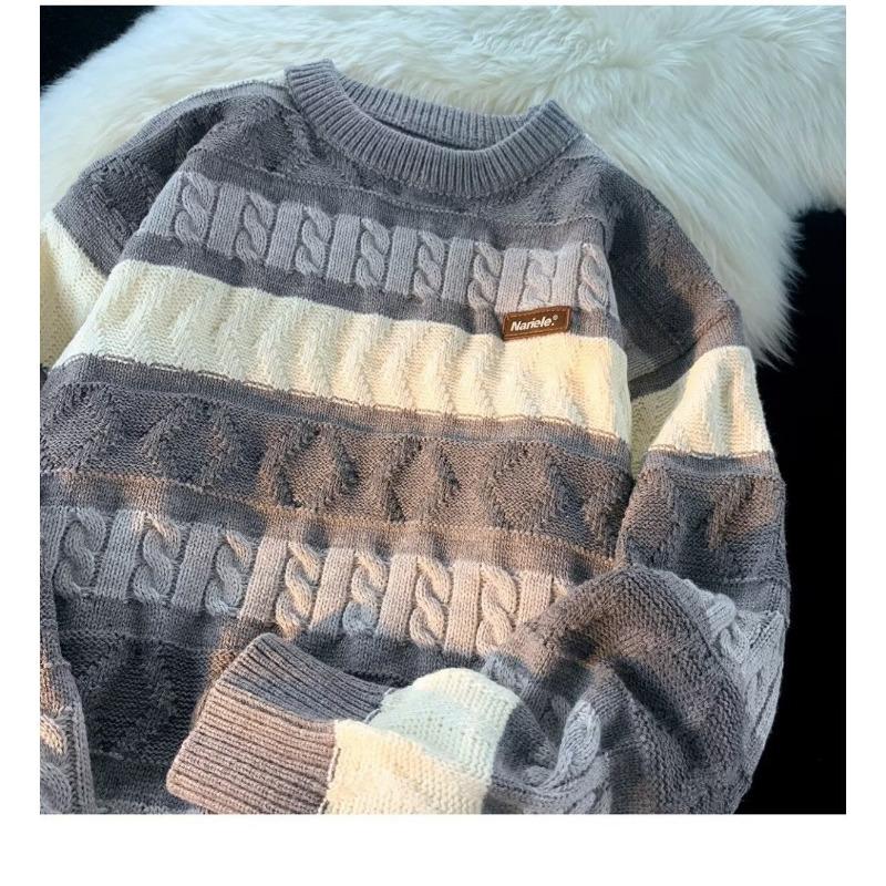 Unisex Lockere Passform Langarm Rundhals Gestreifter Strickpullover Für Herbst Winter