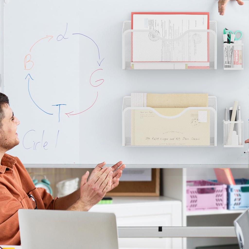 Magnetic Wall-Mounted Document Storage Organizer with Powerful Magnetic Properties. Holds Up To Two A4-sized Files. Includes Two Pen Holders. Ideal
