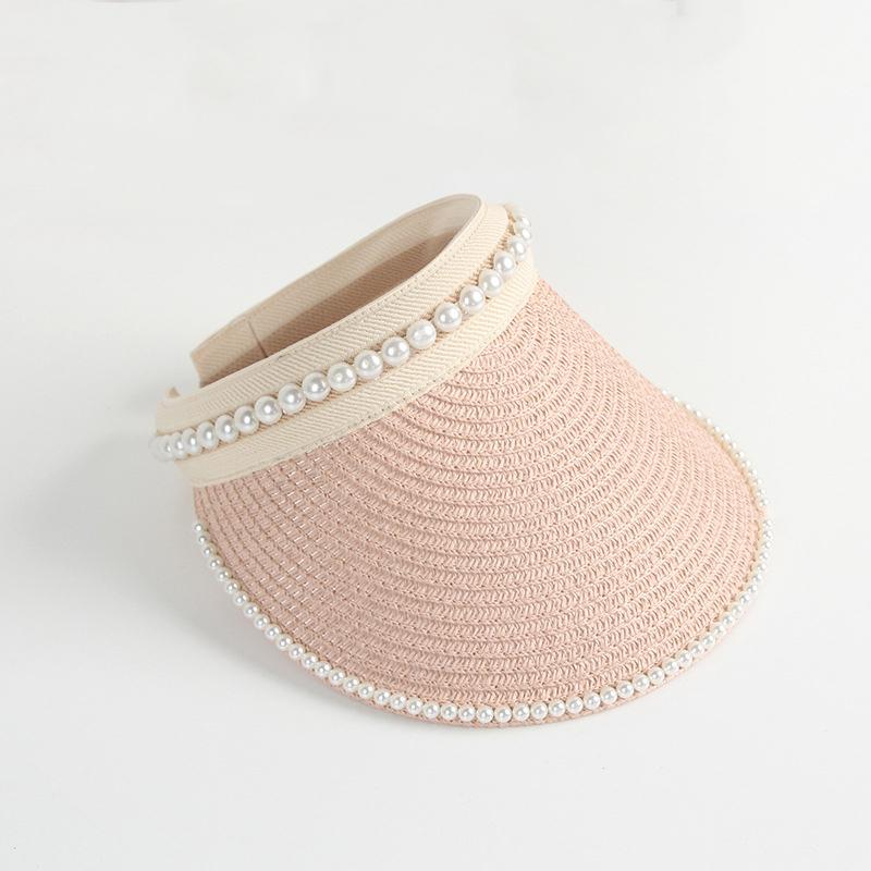 Summer Woman Straw Pearl Decor Sun Hats Antiuv Female Outdoor Hand Made Cap Casual Shade Hat Empty Top Hat Beach Vacation Visor