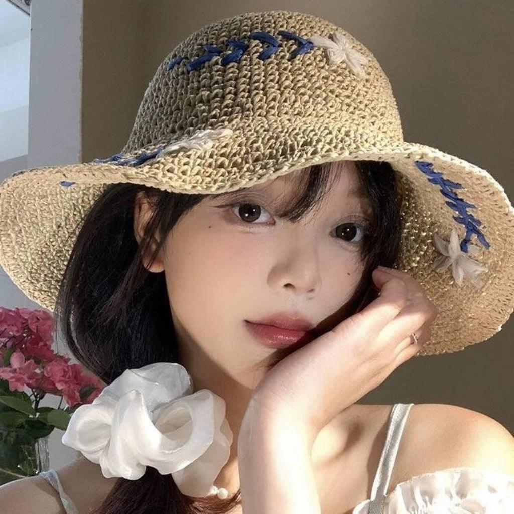 Flower Straw Hat Women'S Summer Hollow Sunshade Sunscreen Woven Bucket Hat French Seaside Beach Vacation Hat