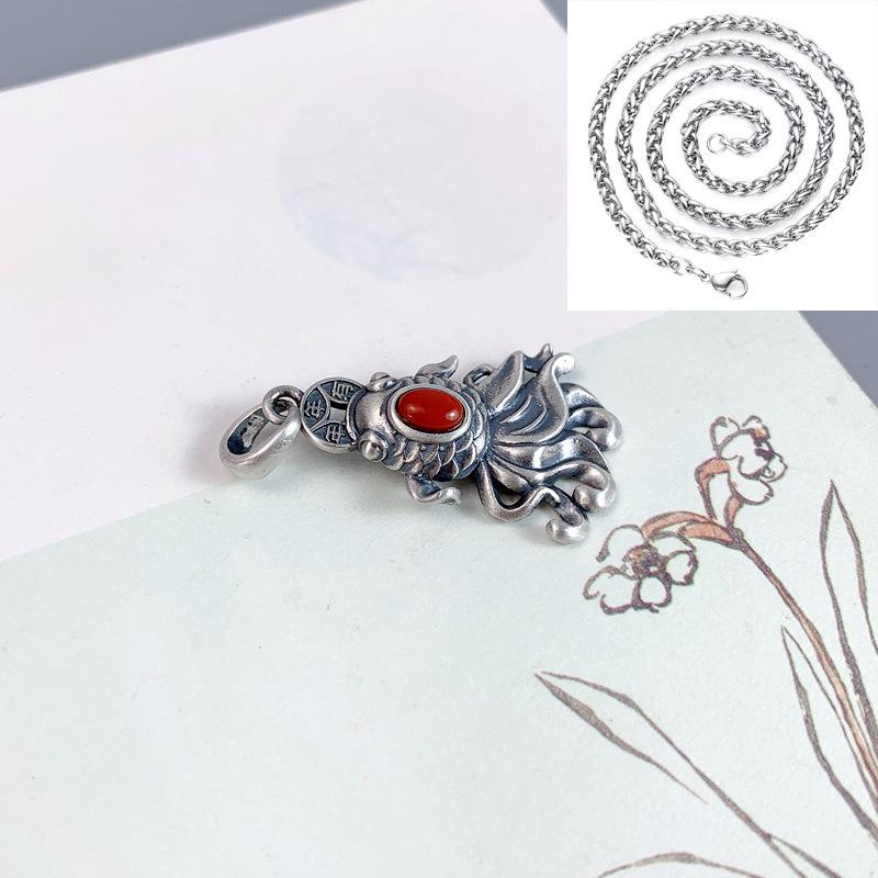925 Sterling Silver Red Agate Goldfish Koi Necklace Pendant for Men & Women – Retro Style, Year-After-Year Abundance