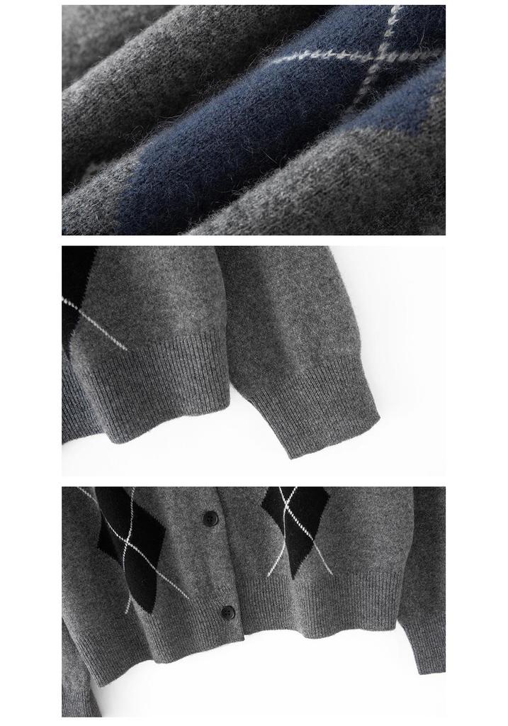 Women's Autumn Winter French Retro Cashmere Diamond Pattern Cardigan Sweater