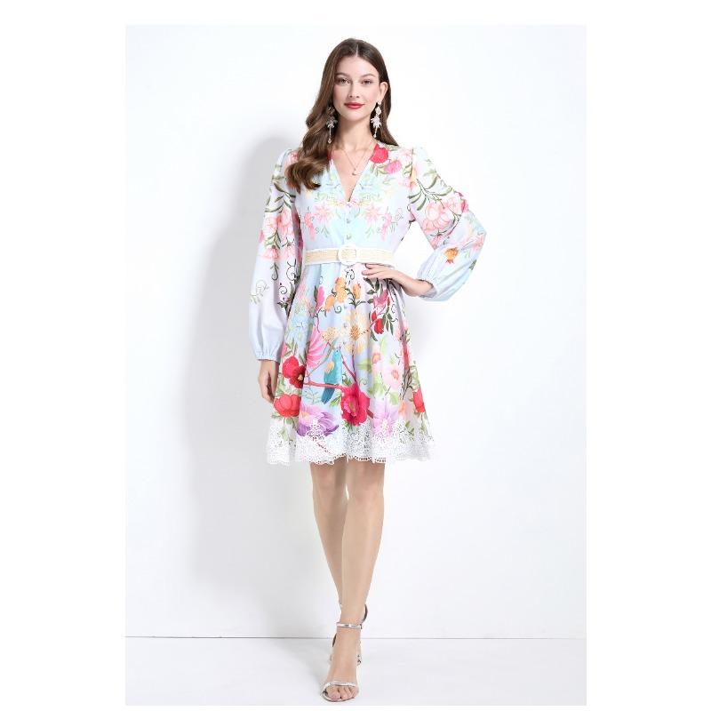 Spring Autumn Women V-neck Print Lace Patchwork Mini Short Chic Beach Holiday Dresses With Belt