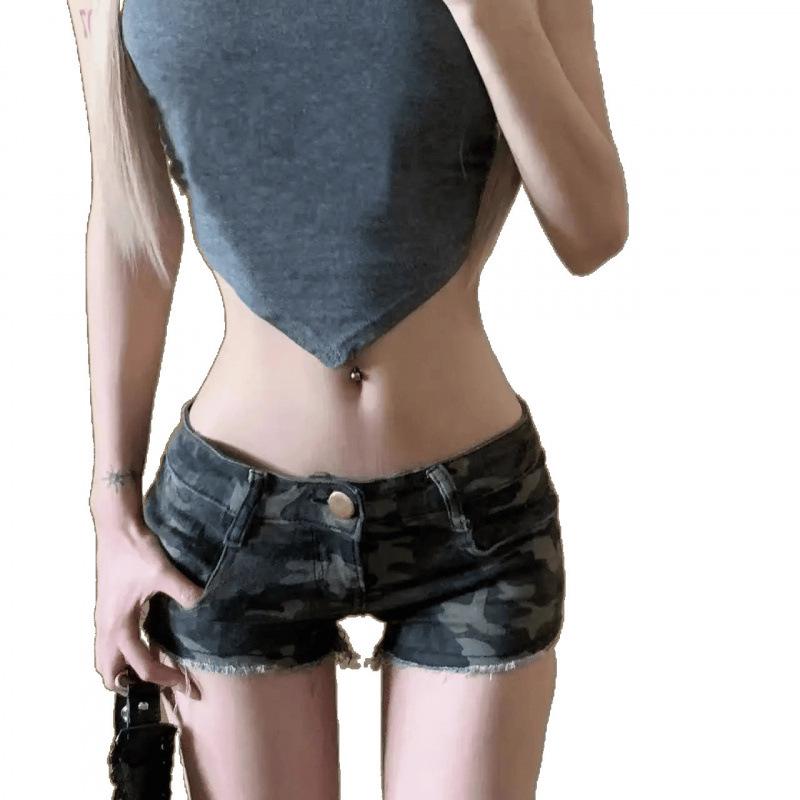 Women's Sexy Camouflage Denim Hot Pants - Retro Frayed Hem, Low Waist, Slimming Summer Style
