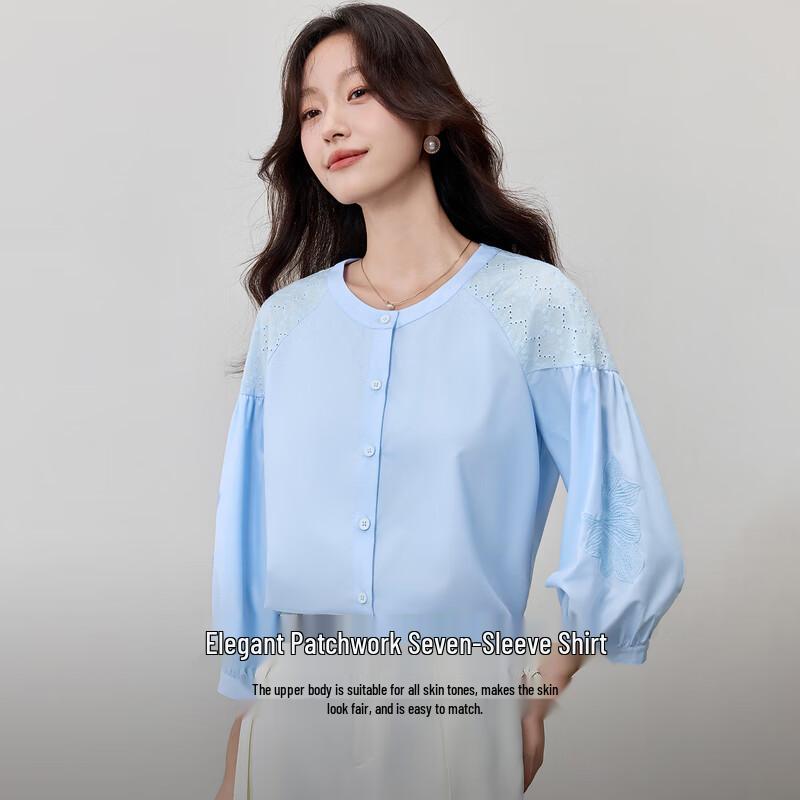 Women s Lyocell Blend Embroidered Lantern Sleeve Shirt M