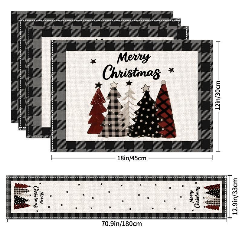 5Pcs Christmas Buffalo Plaid Placemats And Table Runner Set Cute Snowman Print Heat Resistant For Christmas Decoration