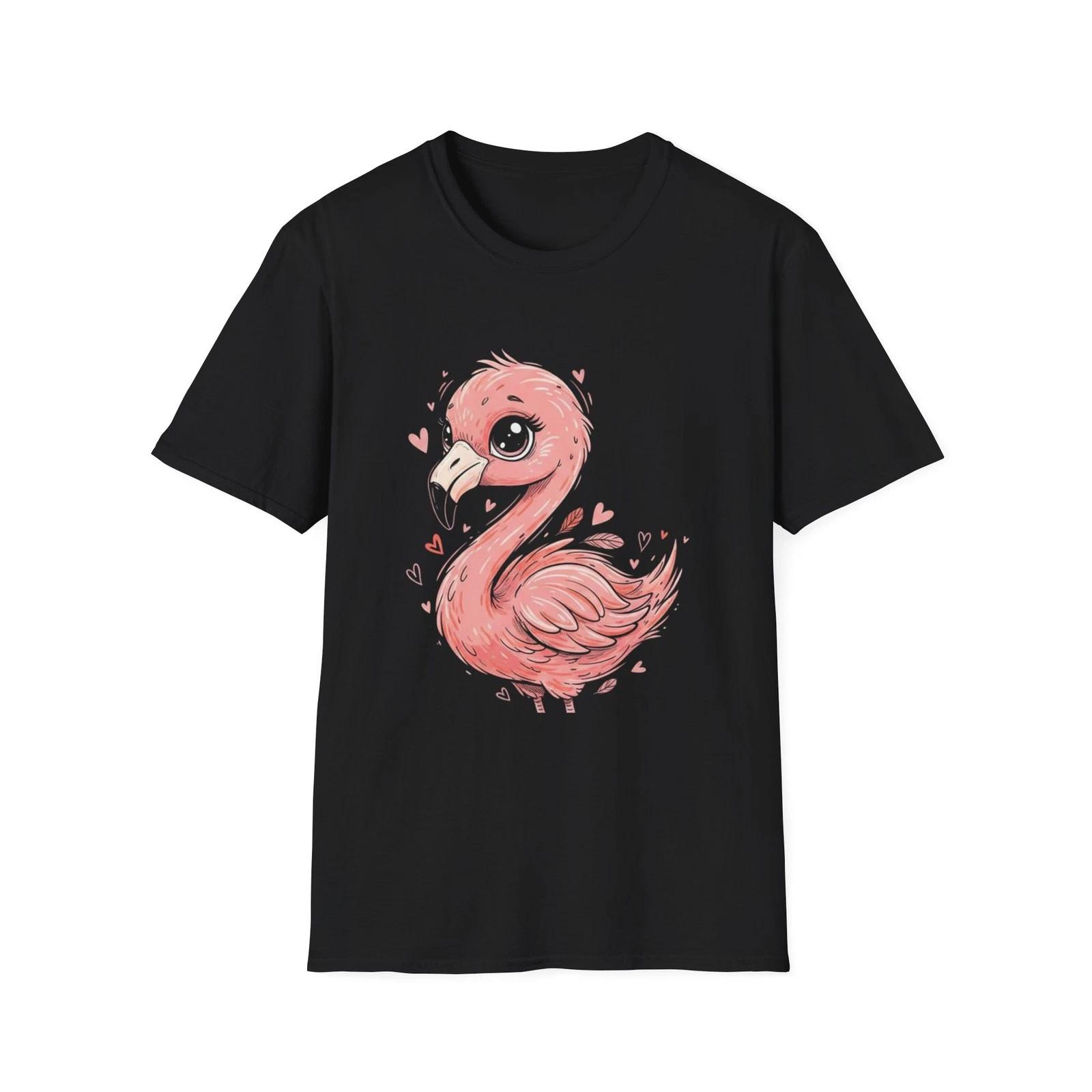 Flamingo Hearts Cute Illustrated Black Tee Kawaii Aesthetic T-Shirt M