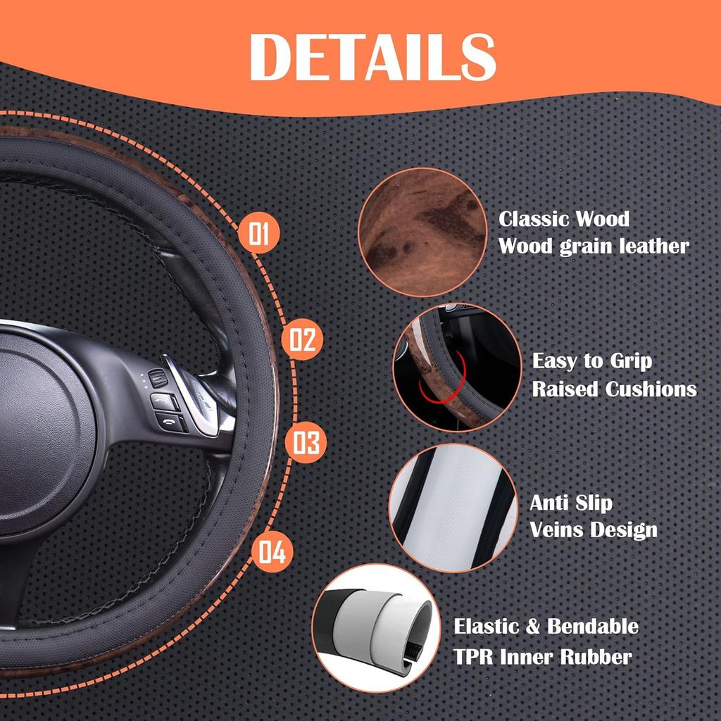 CAR PASS Wood Grain Microfiber Leather Steering Wheel Cover, Universal Fit For 14 1/2-15 Inch Black Steering Wheel, Anti-Skip Ve Design,Cars,