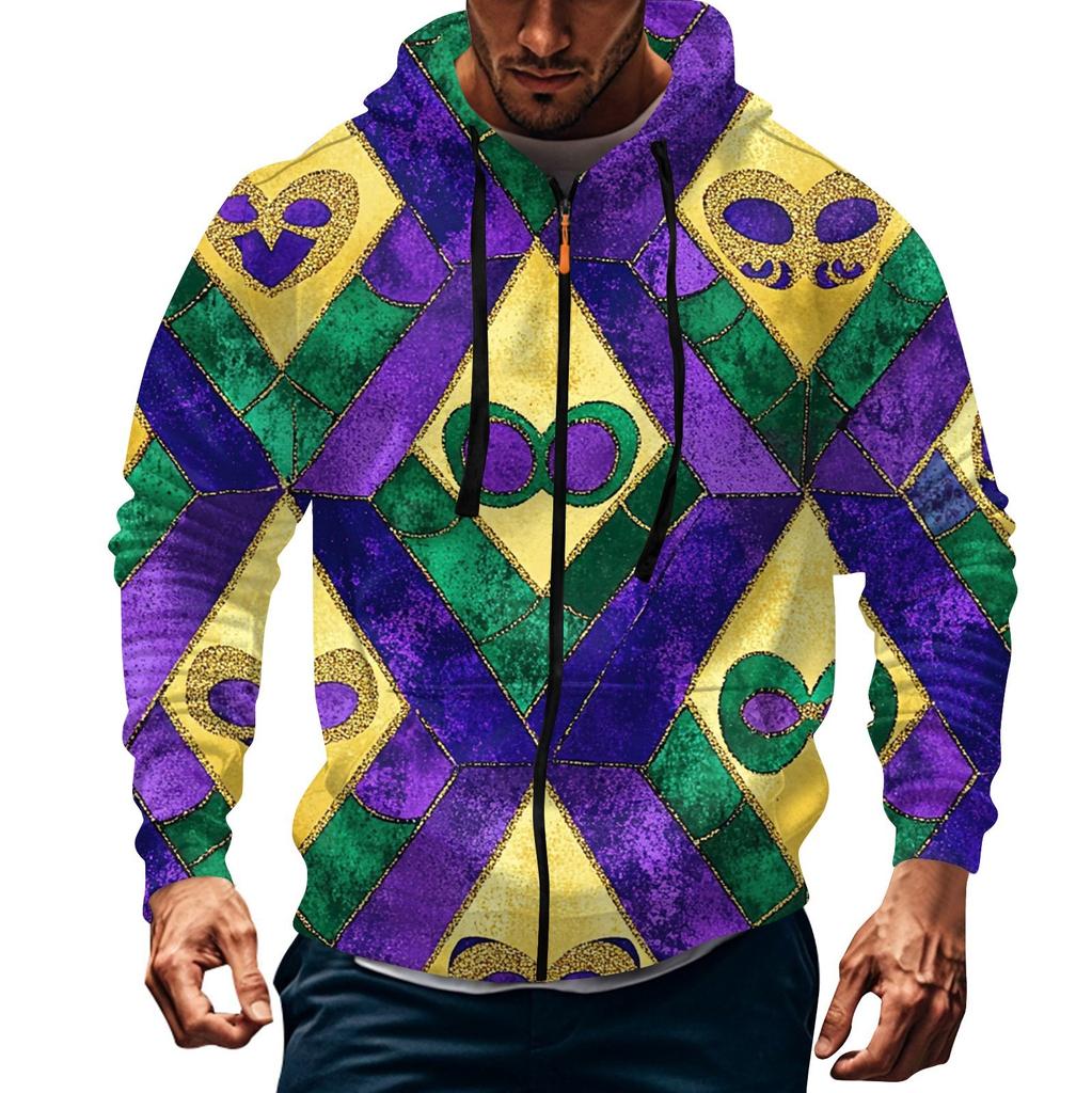 Men's Sports Casual Fleece Hoodie Carnival Print Hoodie Cardigan Zipper Multi-pocket Hoodie Coat