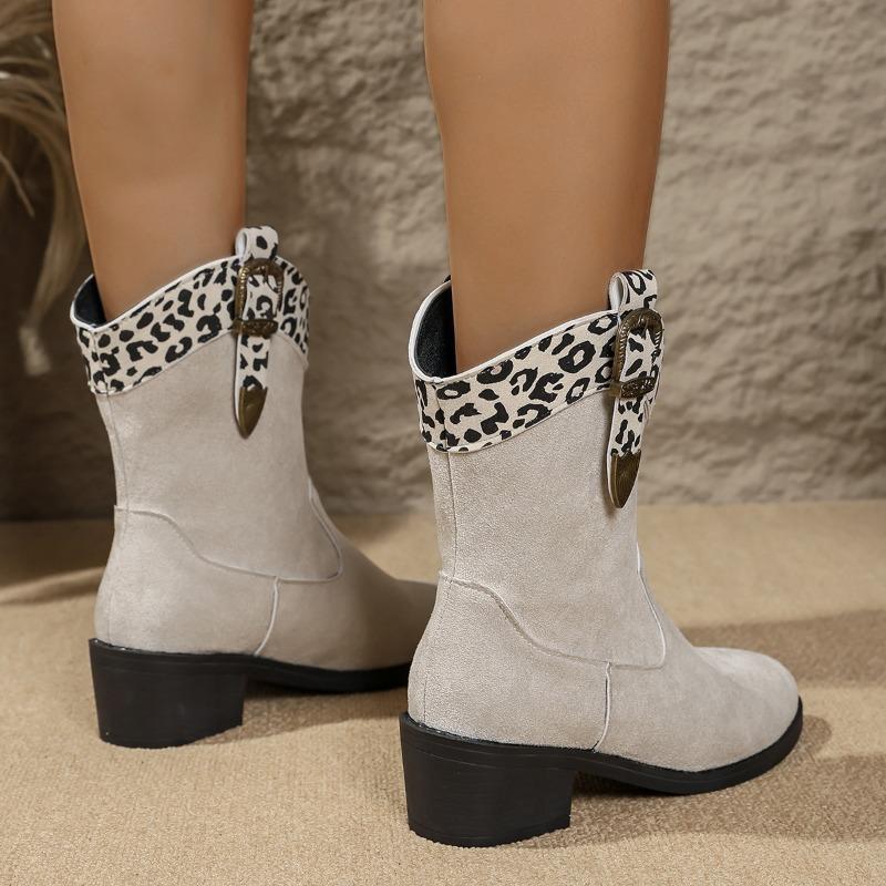 European and American Foreign Trade Thick Heel Medium Tube Color Matching Knight Boots Women's New Pointed Buckle Leopard Print Thin Cigarette Boots