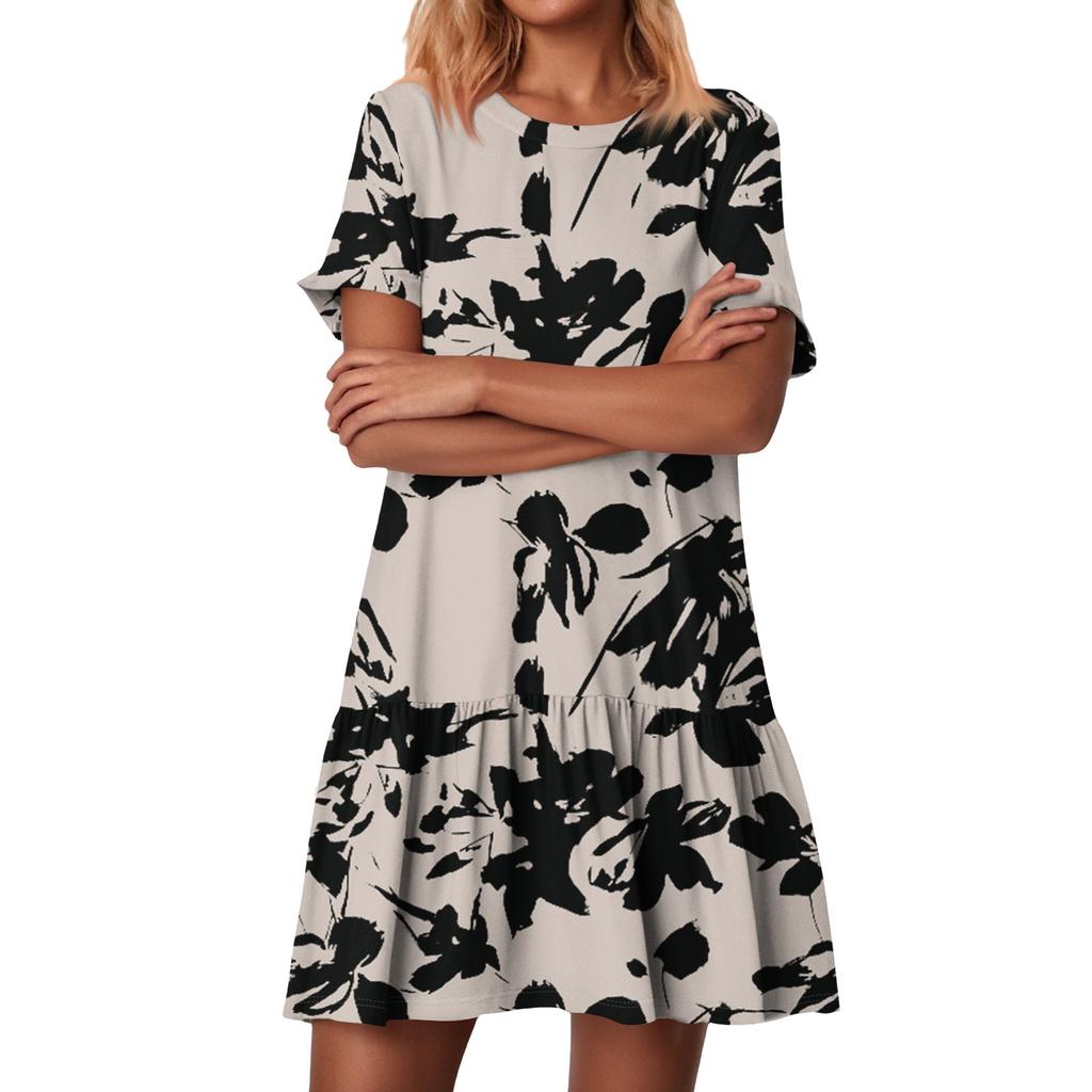 Women's Fashion Casual Round Neck Short Sleeve Ruffled Vintage Printed Dresses