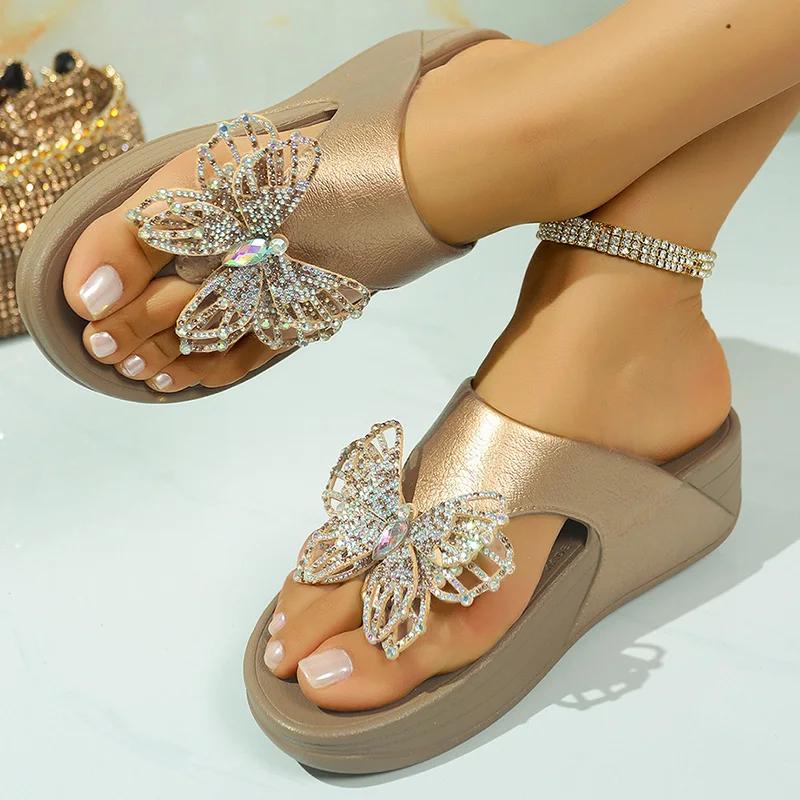 Fashion Butterfly Decor Flat Sandals for Women Shiny Crystal Clip Toe Chunky Platform Slippers 2025 Plus Size Thick Sole Non Slip Shoes