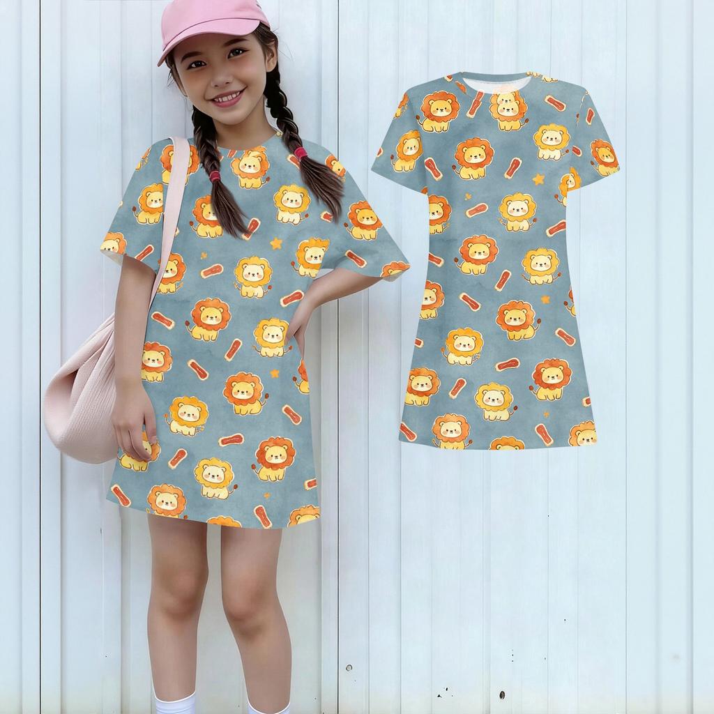 Girls Animal Print Dress Short Sleeve Loose Fit Round Neck Lightweight Kids Casual Dress Summer Wear for Children
