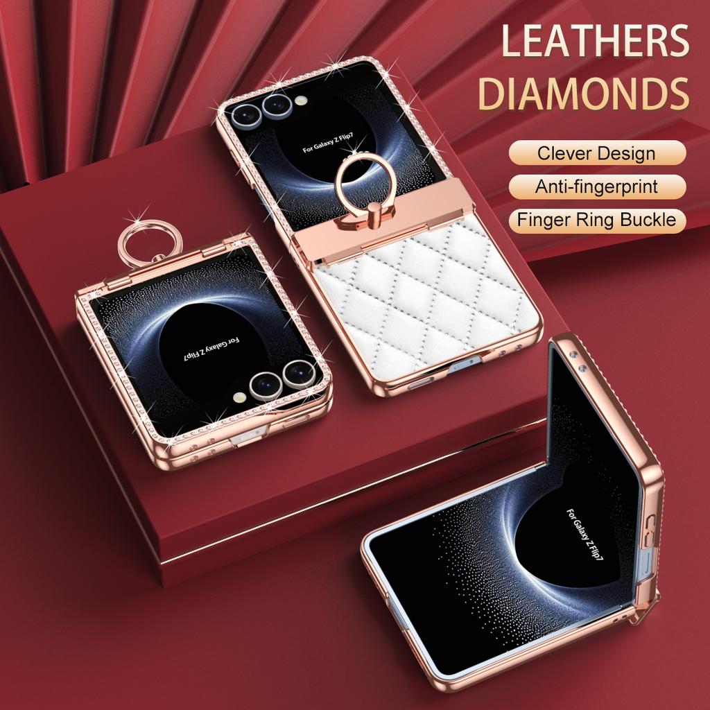For Samsung Galaxy Z Flip 7 Electroplated Leather Textured Glitter Diamond with Ring Hanging Anti-Fingerprint Phone Case