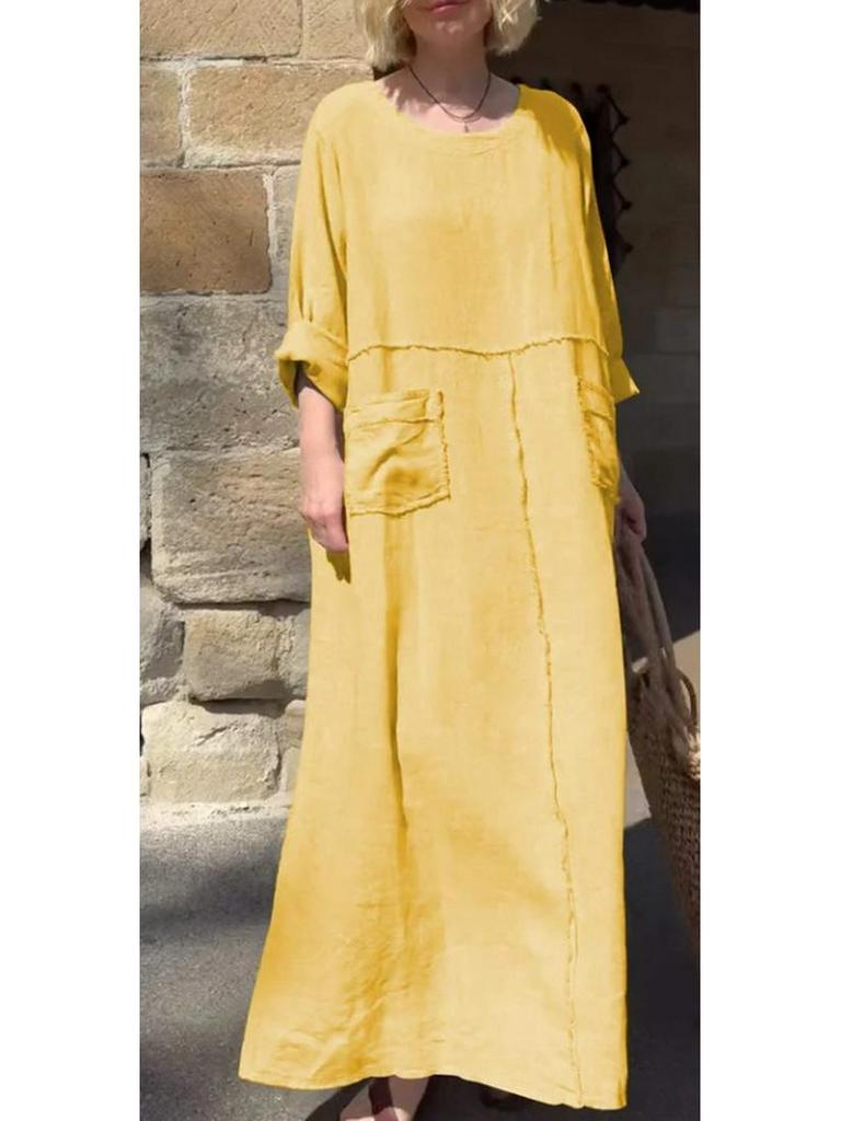 2026 Grenzüberschreitendes Sommer-Freizeitkleid für Damen, Rundhalsausschnitt, Baumwoll-Leinen, Langarm, mit Falten und doppelten Seitentaschen