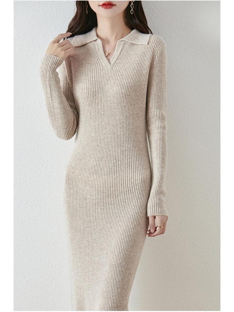 Autumn/Winter Wool Turn-Down Collar Slim-Fit Knitted Dress with Over-the-Knee Slit and Coat Set