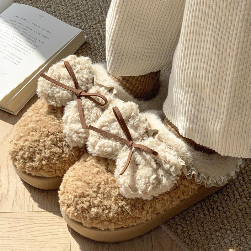 New bow cotton slippers winter velvet warm fluffy slippers indoor thick bottom heightening non-slip can be worn outside
