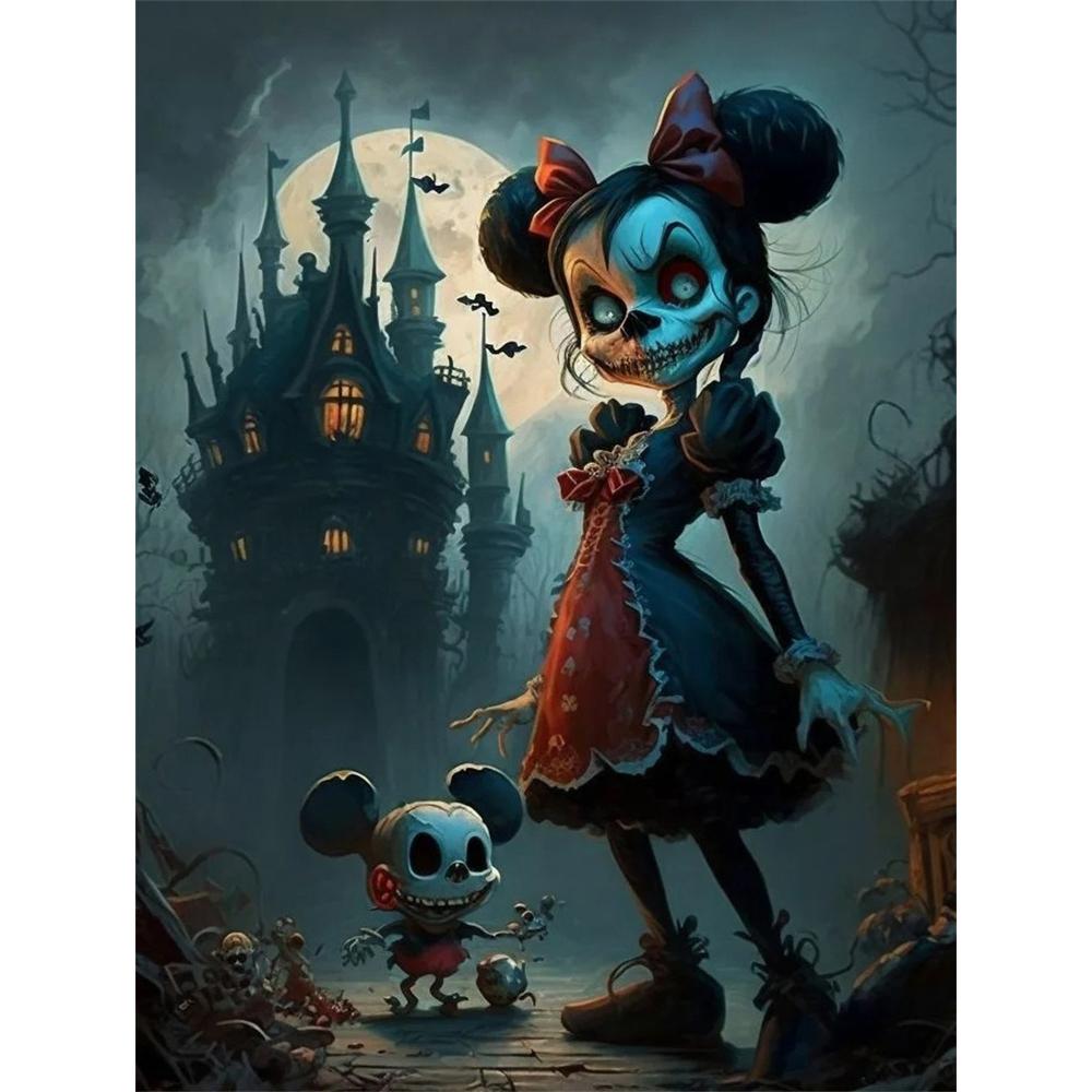 

Disney Diamond Painting Dark Skull Version of Minnie and Mickey Mouse Gothic Style Artwork Rhinestone 5D Mosaic DIY Cross Stitch Gift Home Decor Round 20x30cm