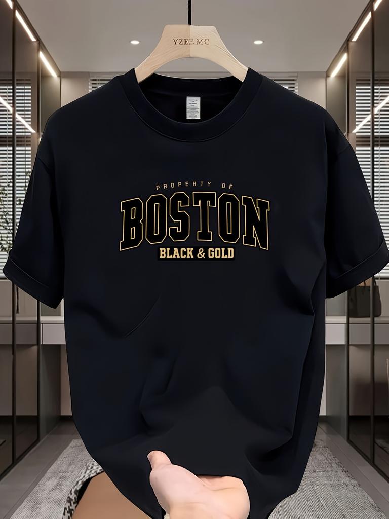 Black Gold Boston Men's 100% Cotton T-shirt, Casual Versatile Bottom Coat, Comfortable Sports Top