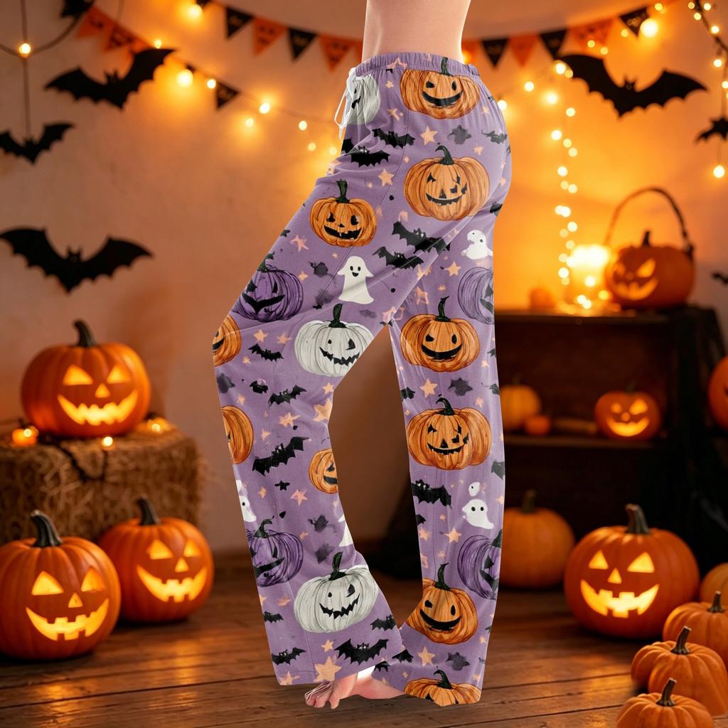 Women Drawstring Waist Halloween Printed Long Pajama Pants Casual Relaxed Fit Sleepwear with Elastic for Home Lounge