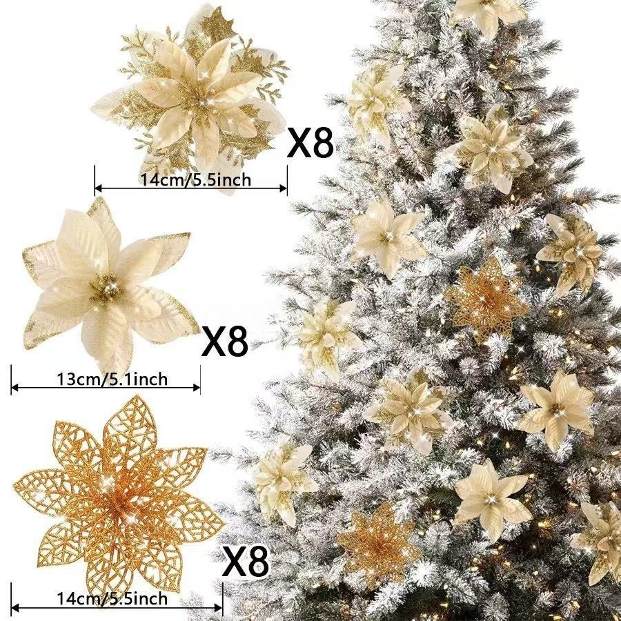 6-24 Stück 15cm Künstliche Weihnachtsblumen mit Clips Stielen, Weihnachtsbaumschmuck Glitzerblume für Girlande Neujahrsparty Dekoration