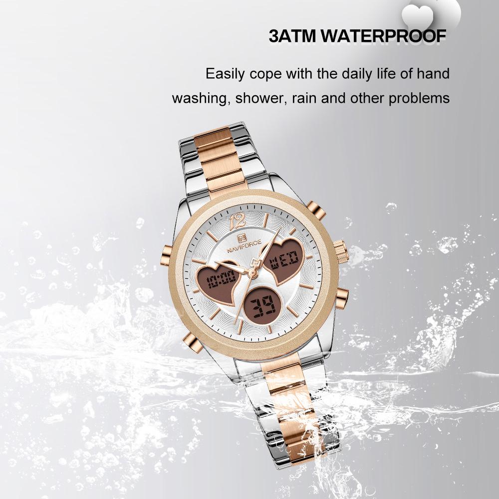 Naviforce Women Quartz LCD Digital Watch Waterproof Stainless Steel Strap NF5045S