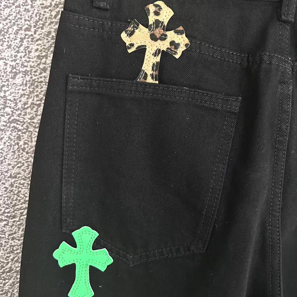 9922 CHROME HEARTS Men's and Women's American Style Trendy Jeans with Fabric Patches, Casual and Fashionable High Street Pants