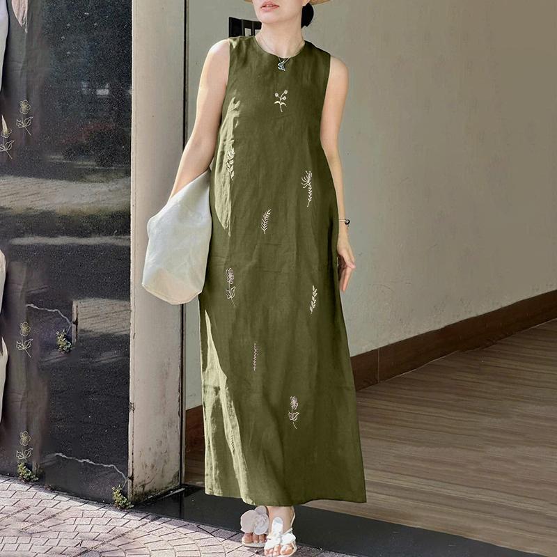 ZANZEA Women Casual Round Neck Print Loose Sleeveless Dress S армия зеленый