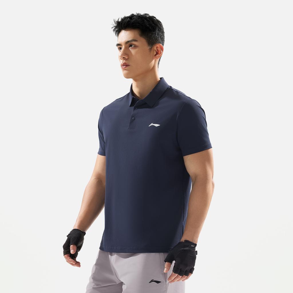 Li-Ning Atmungsaktives einfarbiges Logo Kurzarm-Poloshirt Herren Tops Tintenblau APLV039-9