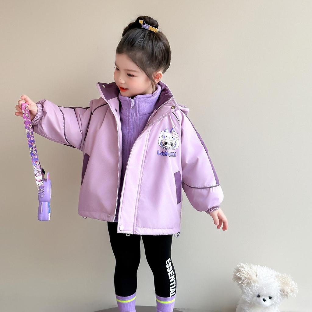 Girls' Fleece-Lined Windproof Jacket Set with Bag for Toddlers/Little Kids, Thick Autumn/Winter Coat with Cotton Lining