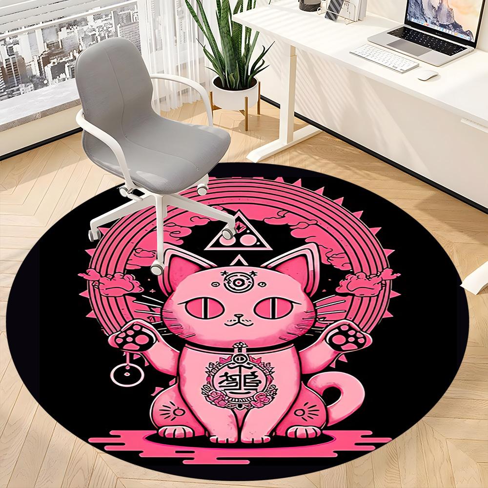 1pc Pink Cat Mandala Office Round Area Rug, Under Office Chairs Bedroom Living Room Home Decor, Room Deco