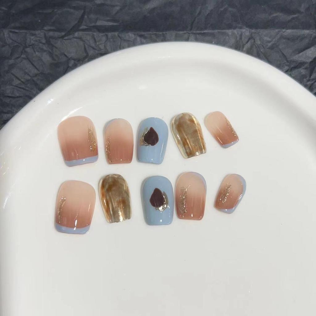 Armor tragen Reine Handarbeit Maniküre Fertigprodukt Falscher Nagel Patch Nude Farbe Farbverlauf Dunstblau Magischer Spiegel Tragbarer Nagelpatch