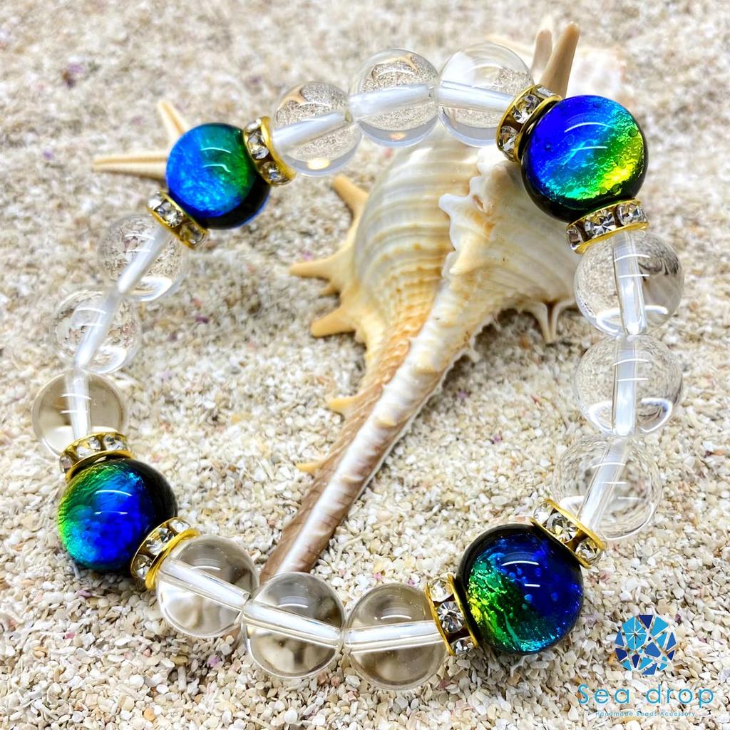 Luminous Firefly Glass Kerama Marine Pair Bracelet Onyx 12mm Quartz 10mm Glass Beads [Sea Drop] Glow-in-the-dark [092bt]