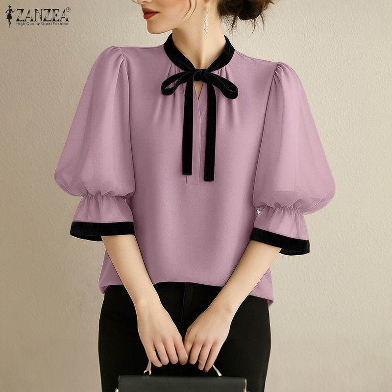 ZANZEA Damen Rundhals 3/4-Ärmel Elegante Lässige Bluse