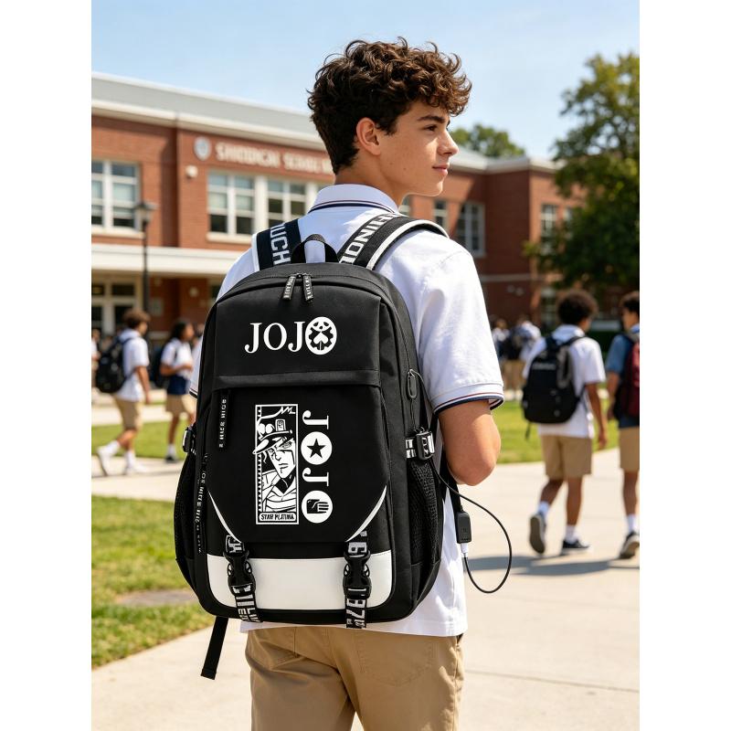 Anime JOJO Jonathan Joestar Golden Experience Backpack School Bookbag with USB Port Laptop Compartment for Boys Girls Travel Bag