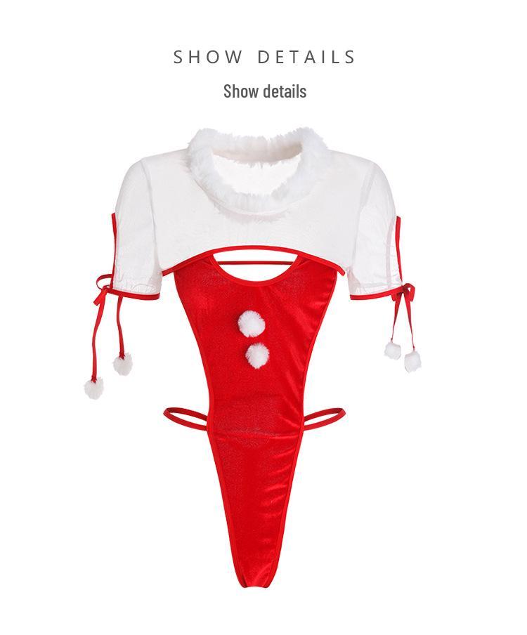 Alluring Velvet Mesh Open Crotch Christmas Lingerie Bodysuit Set for Women