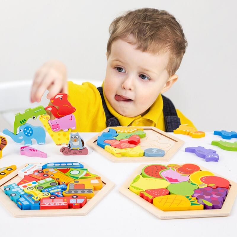 Wooden 3D Puzzle Blocks Montessori Educational Toy Animals Vehicles Fruits Themed Cognitive Development Toddler Brain Game Safe Kids Learning Toy