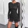 New Elegant Women's Mesh Polka Dot Printing Backless Dress Round Neck Long Sleeve Party Dress Sexy Thin Slim Fit See Through Minishort Dresses
