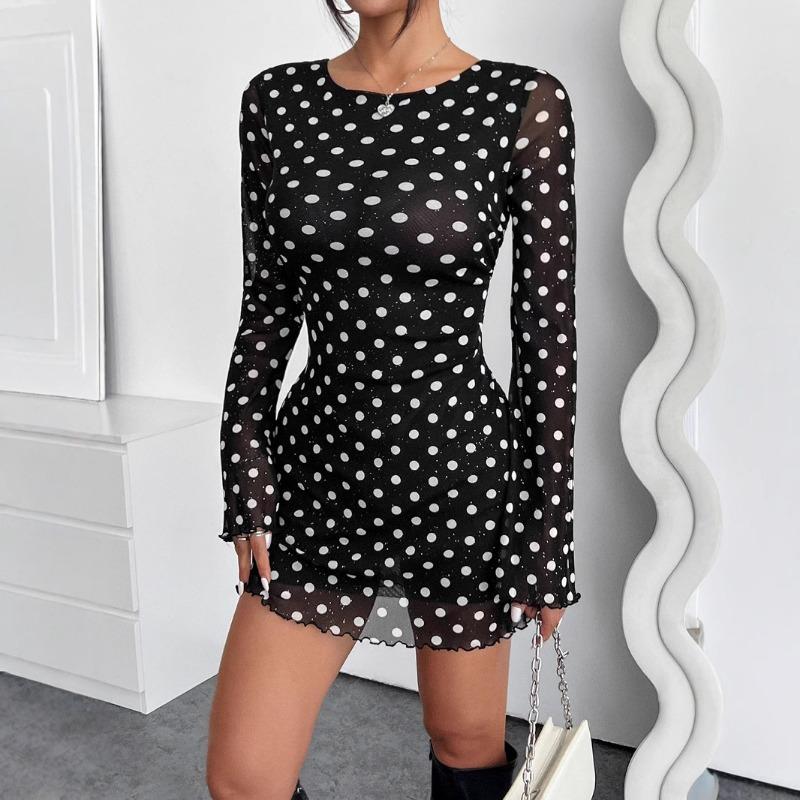 New Elegant Women's Mesh Polka Dot Printing Backless Dress Round Neck Long Sleeve Party Dress Sexy Thin Slim Fit See Through Minishort Dresses