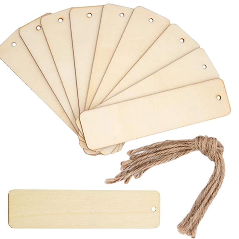 10Pcs Unfinished Wood Bookmarks with String Wood Slices Wood Bookmarks Unfinished Wood Label for Painting Art Craft 1