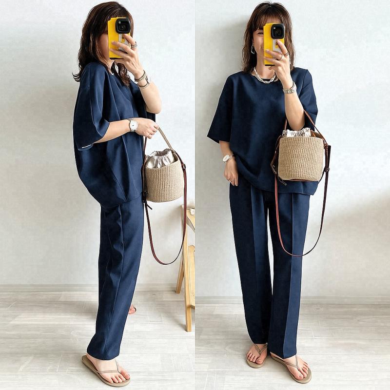

Japanese Style Summer 2026 Round Neck Top & Elastic Waist Pants Set Large темно-синього кольору