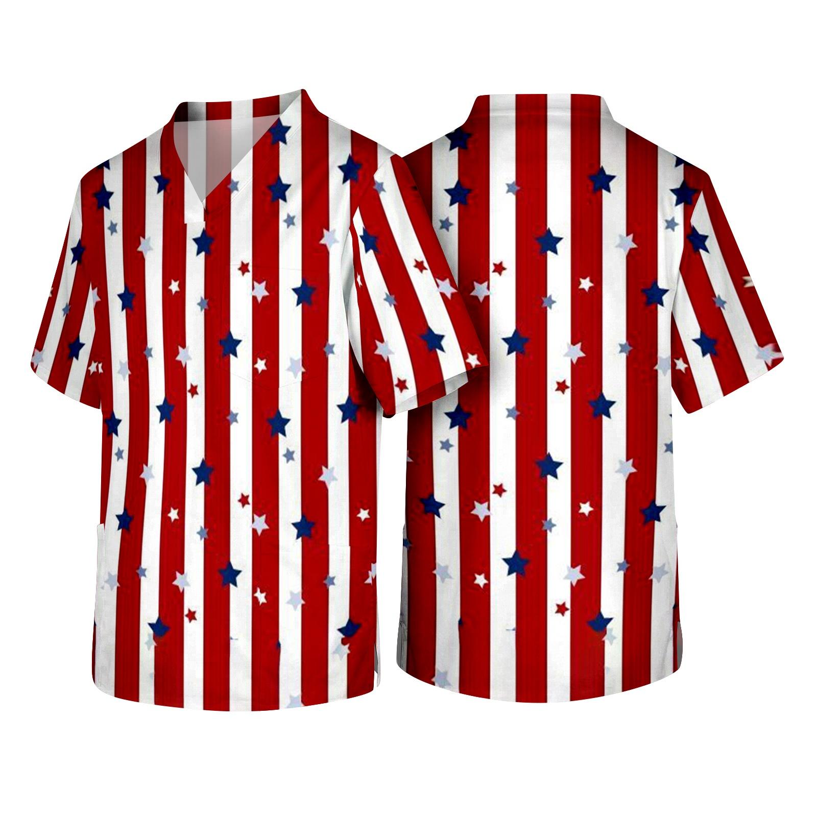 

Men s V Neck Short Sleeve Scrub Top with Chest Pocket Medical Workwear Independence Day Print Comfortable Fit XL білий