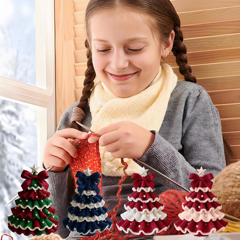 DIY Heklet Juletre Sett – Håndlaget Julepynt Sett, Julekit for Nybegynnere, Treetoppsløyfe Perlepynt